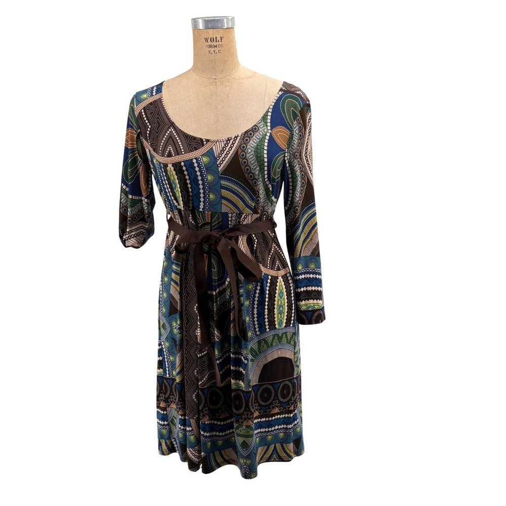 Sunny‎ Leigh Womens Blue Green Geometric Medallion Print Belted Dress M Retro